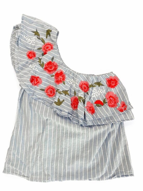 Blue Rain Tops - Francesca's Embroidered Floral One shoulder Ruffle Feminine Top XS 100% Cotton